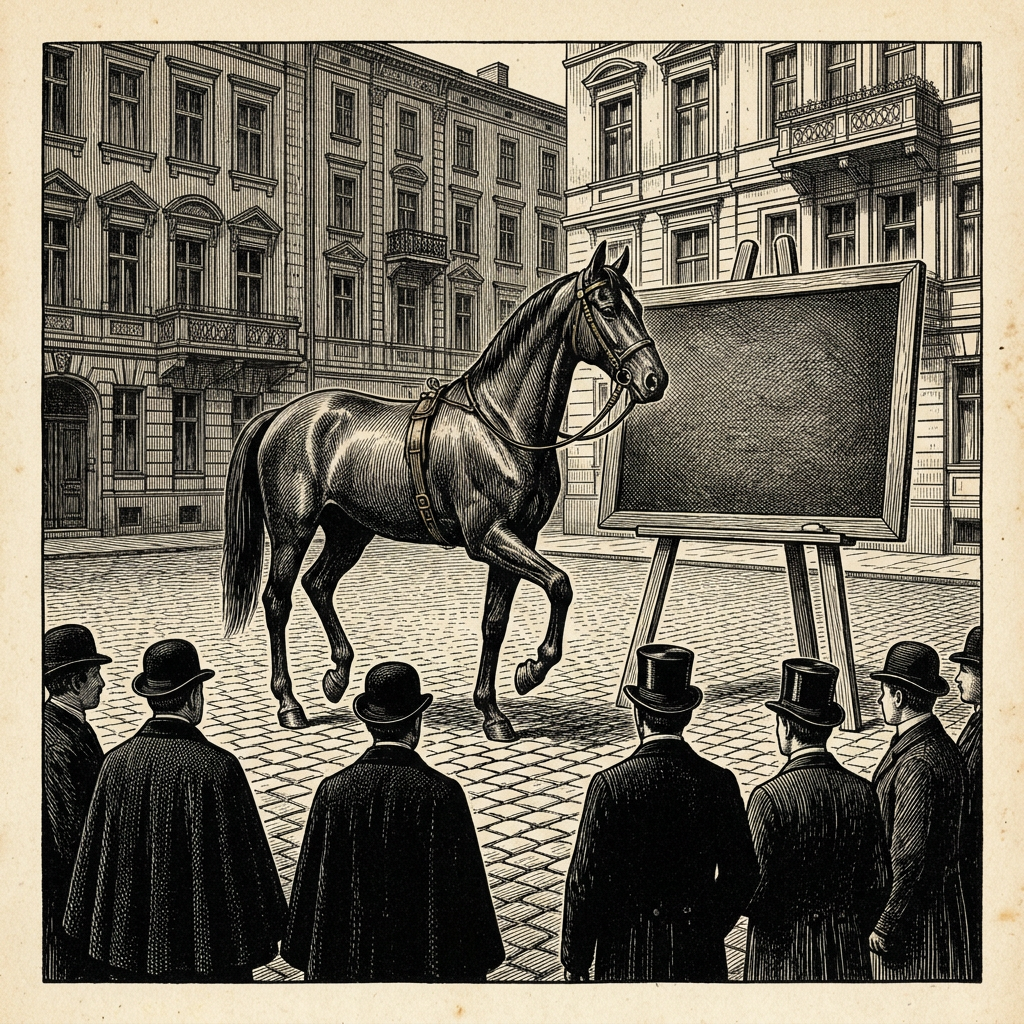 Veckobladets tecknare har föreställt sig Hans inför kommissionen i Berlin hösten 1904. Teckningen är fri och återger varken platsen eller de närvarande.