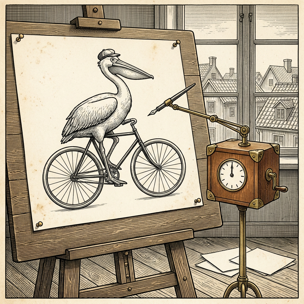 Veckobladets tecknare har föreställt sig maskinen Haiku 5.5 vid ritbordet, inför en pelikan på cykel som den tycks känna igen.