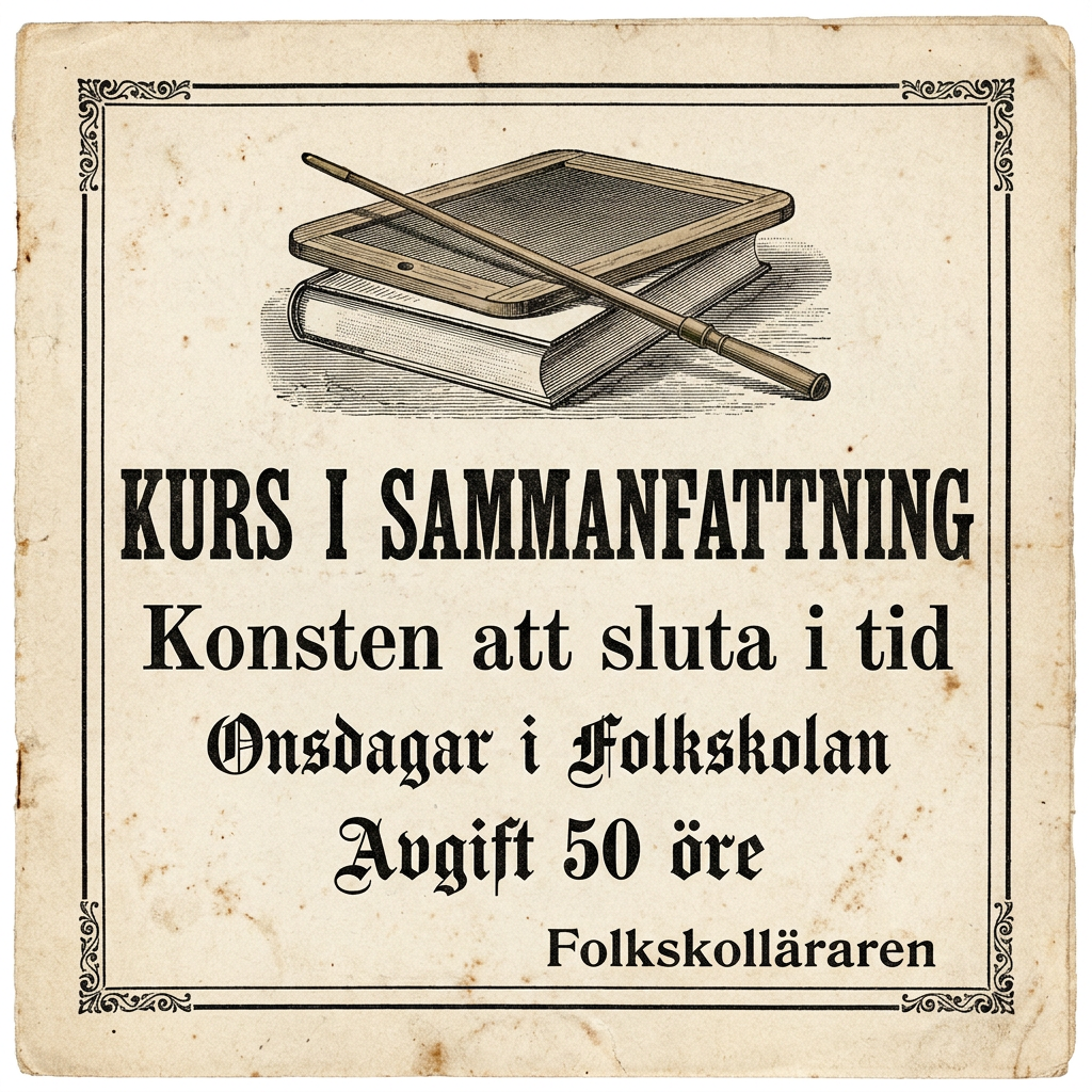 KURS I SAMMANFATTNING / Konsten att sluta i tid / Onsdagar i Folkskolan / Avgift 50 öre / Folkskolläraren