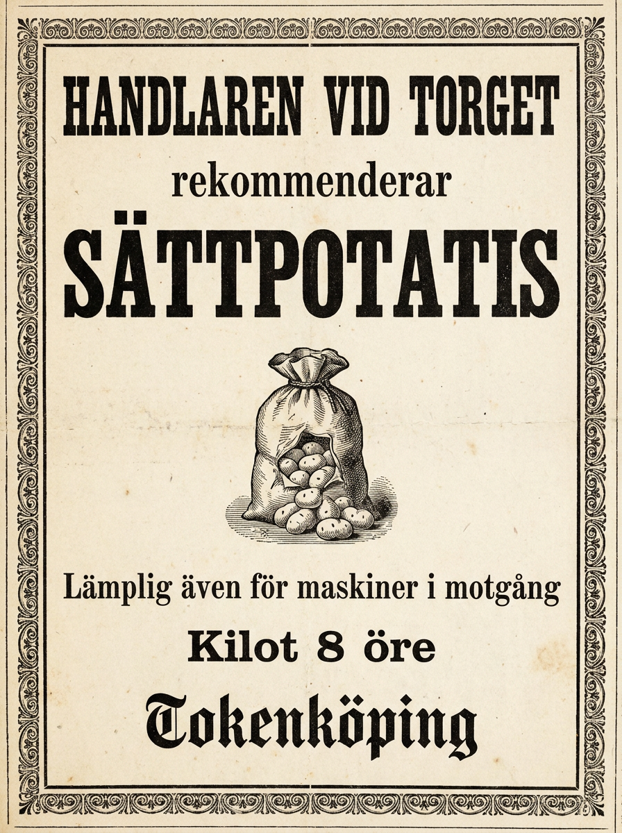HANDLAREN VID TORGET / rekommenderar / SÄTTPOTATIS / Lämplig även för maskiner i motgång / Kilot 8 öre / Tokenköping