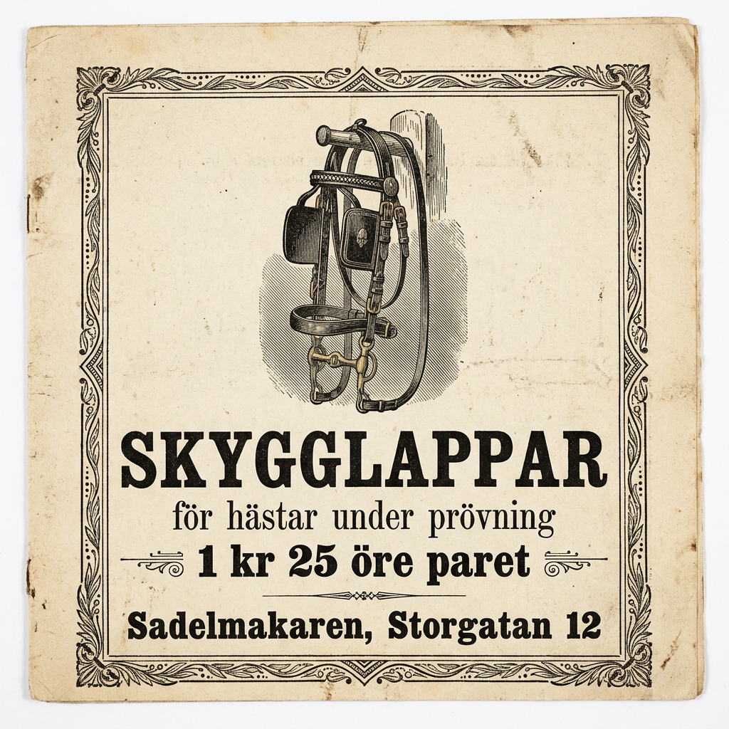 SKYGGLAPPAR / för hästar under prövning / 1 kr 25 öre paret / Sadelmakaren, Storgatan 12