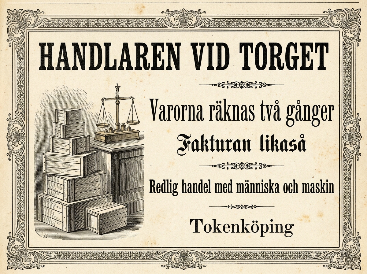 HANDLAREN VID TORGET / Varorna räknas två gånger / Fakturan likaså / Redlig handel med människa och maskin / Tokenköping