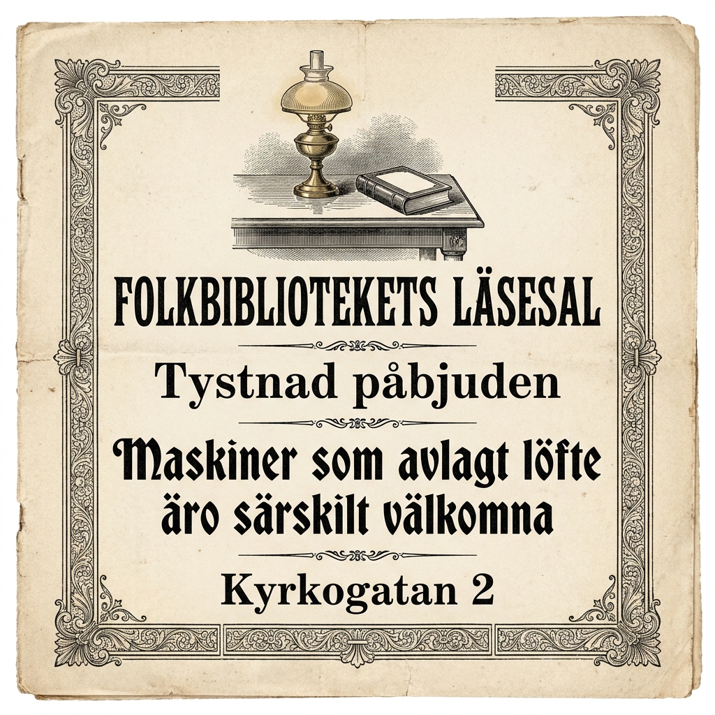 FOLKBIBLIOTEKETS LÄSESAL / Tystnad påbjuden / Maskiner som avlagt löfte / äro särskilt välkomna / Kyrkogatan 2