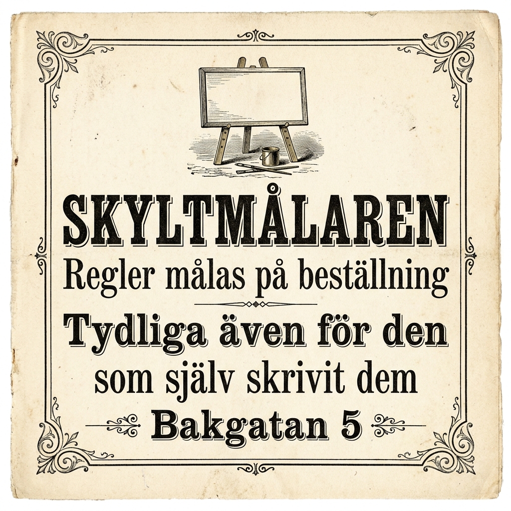 SKYLTMÅLAREN / Regler målas på beställning / Tydliga även för den / som själv skrivit dem / Bakgatan 5