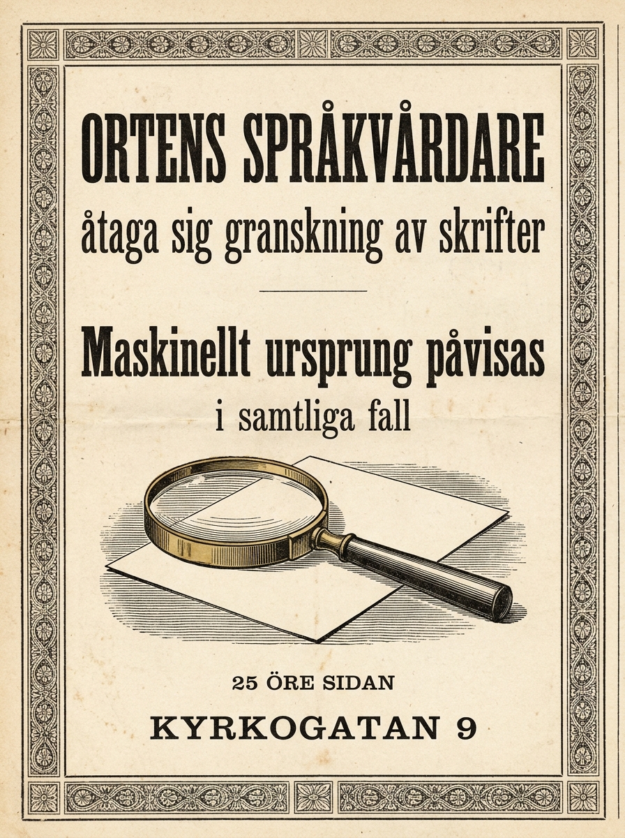 ORTENS SPRÅKVÅRDARE / åtaga sig granskning av skrifter / Maskinellt ursprung påvisas / i samtliga fall / 25 öre sidan / Kyrkogatan 9