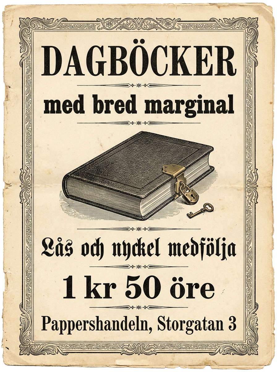 DAGBÖCKER / med bred marginal / Lås och nyckel medfölja / 1 kr 50 öre / Pappershandeln, Storgatan 3
