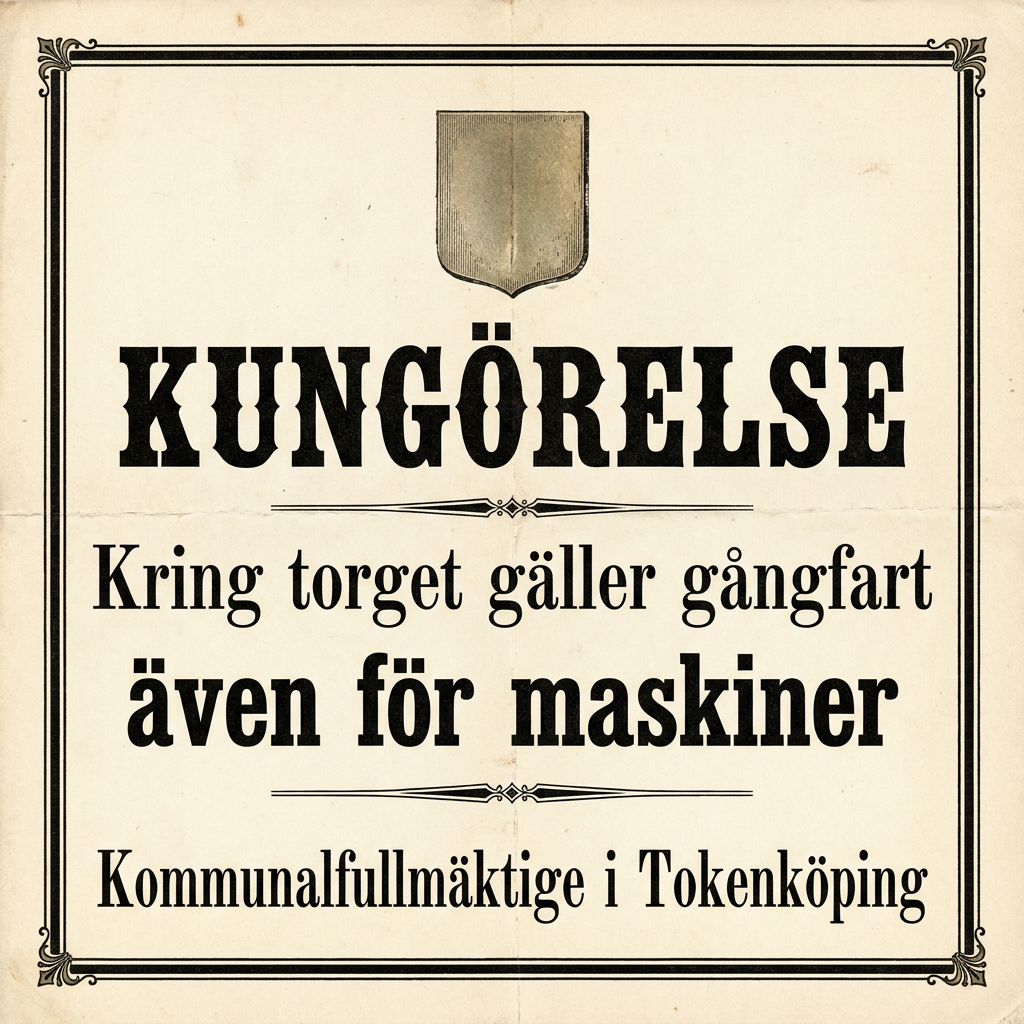 KUNGÖRELSE / Kring torget gäller gångfart / även för maskiner / Kommunalfullmäktige i Tokenköping