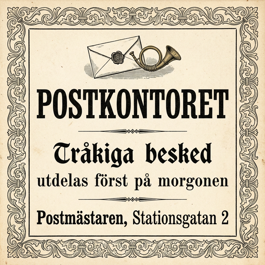 POSTKONTORET / Tråkiga besked / utdelas först på morgonen / Postmästaren, Stationsgatan 2