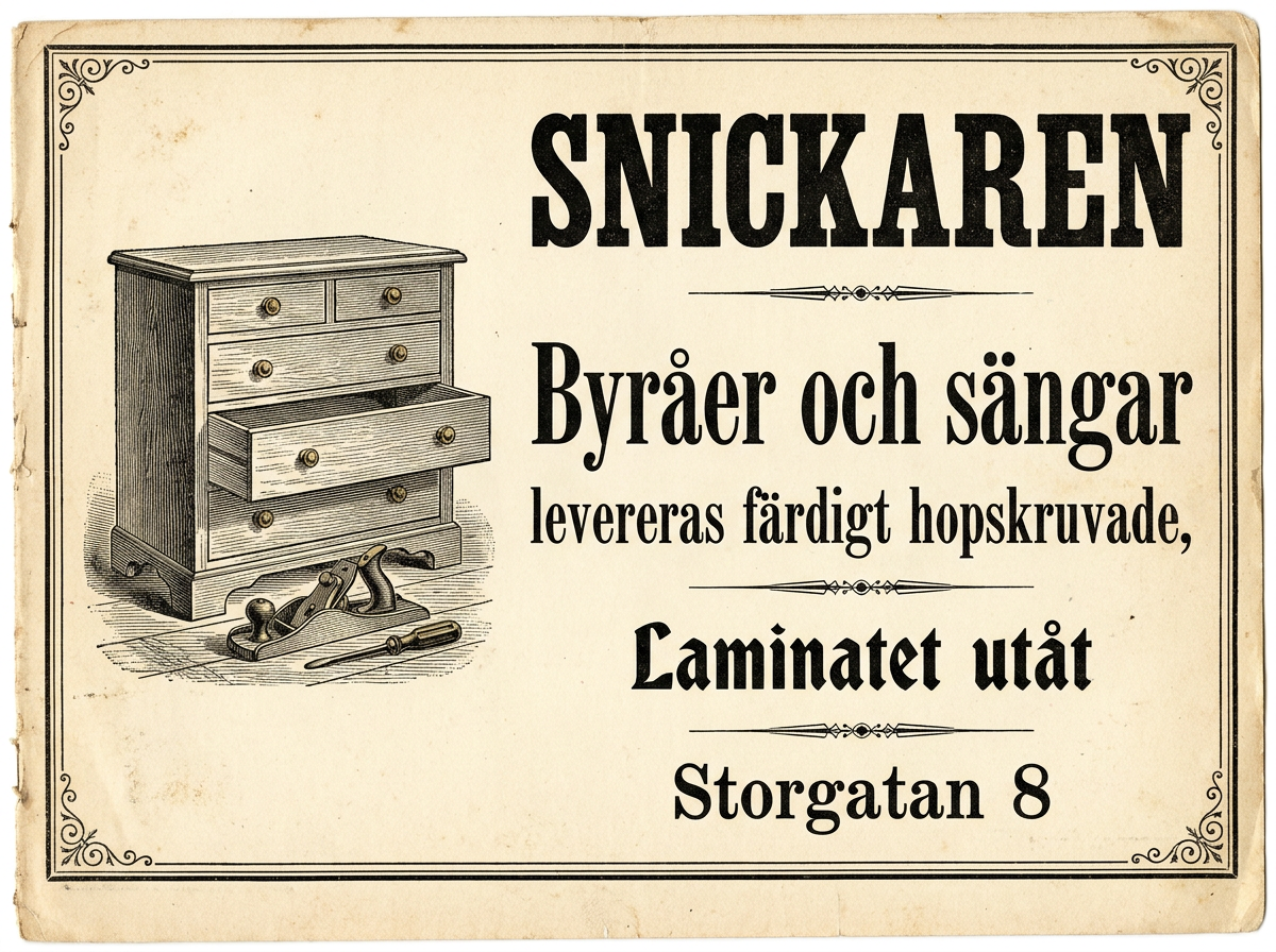 SNICKAREN / Byråer och sängar / levereras färdigt hopskruvade, / Laminatet utåt / Storgatan 8