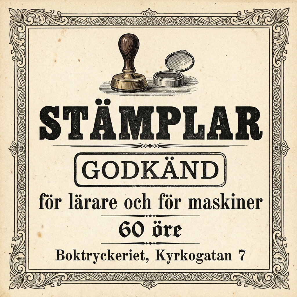 STÄMPLAR / GODKÄND / för lärare och för maskiner / 60 öre / Boktryckeriet, Kyrkogatan 7