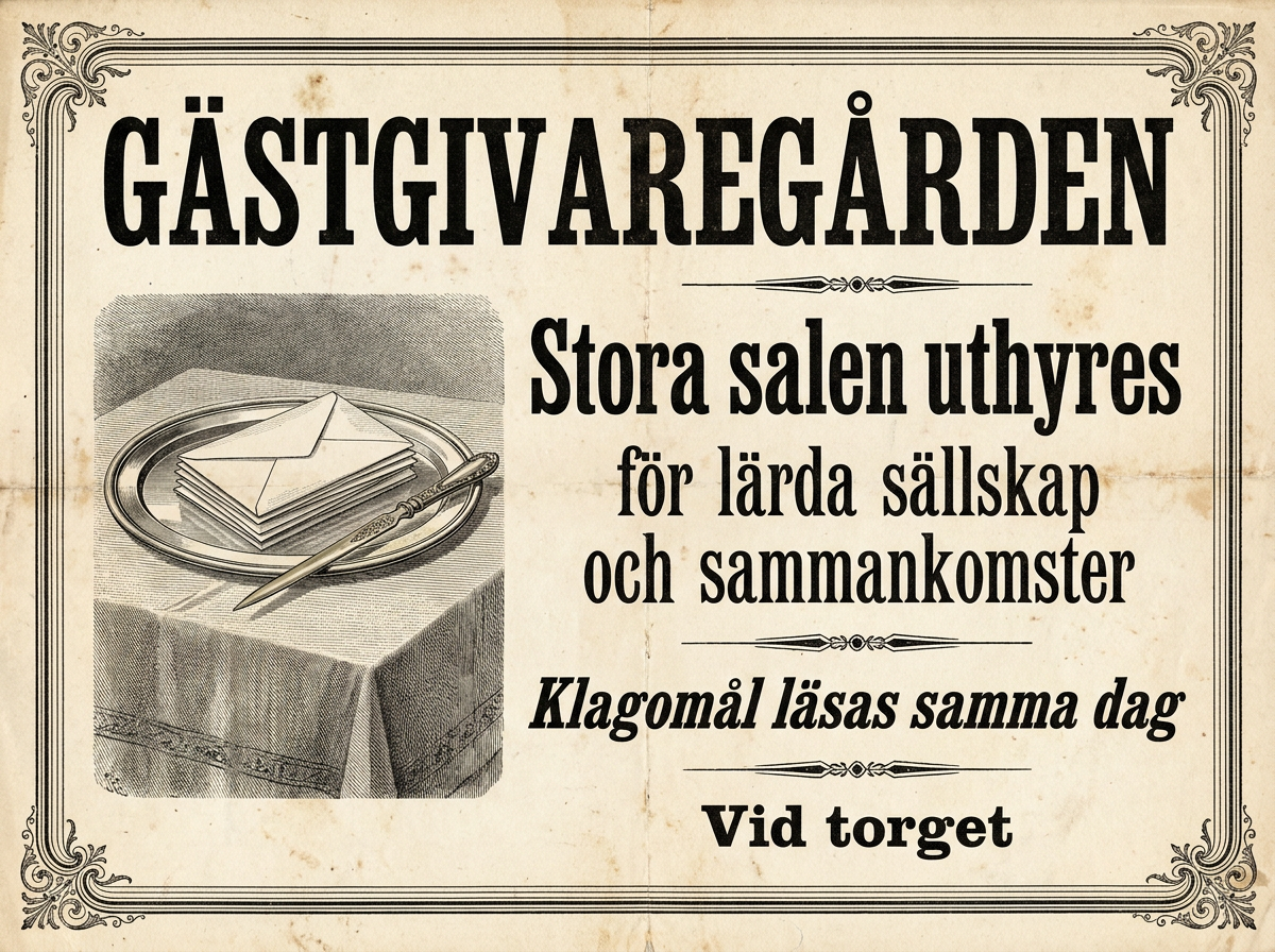 GÄSTGIVAREGÅRDEN / Stora salen uthyres / för lärda sällskap / och sammankomster / Klagomål läsas samma dag / Vid torget