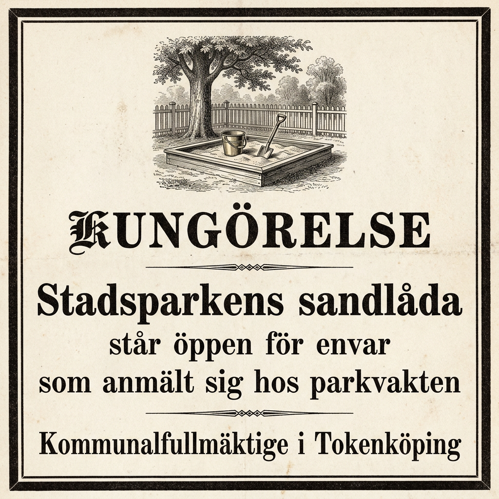 KUNGÖRELSE / Stadsparkens sandlåda / står öppen för envar / som anmält sig hos parkvakten / Kommunalfullmäktige i Tokenköping
