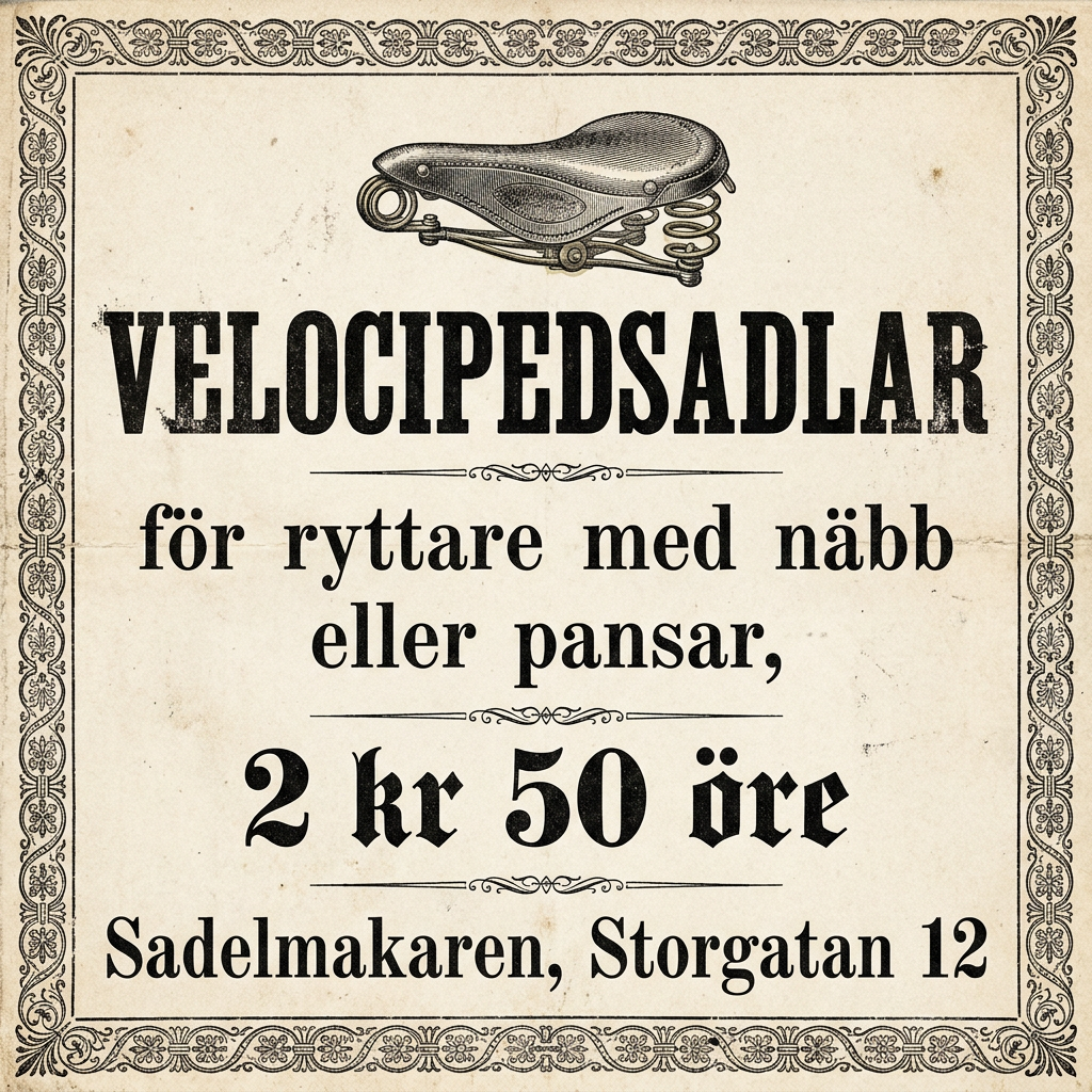 VELOCIPEDSADLAR / för ryttare med näbb / eller pansar, / 2 kr 50 öre / Sadelmakaren, Storgatan 12