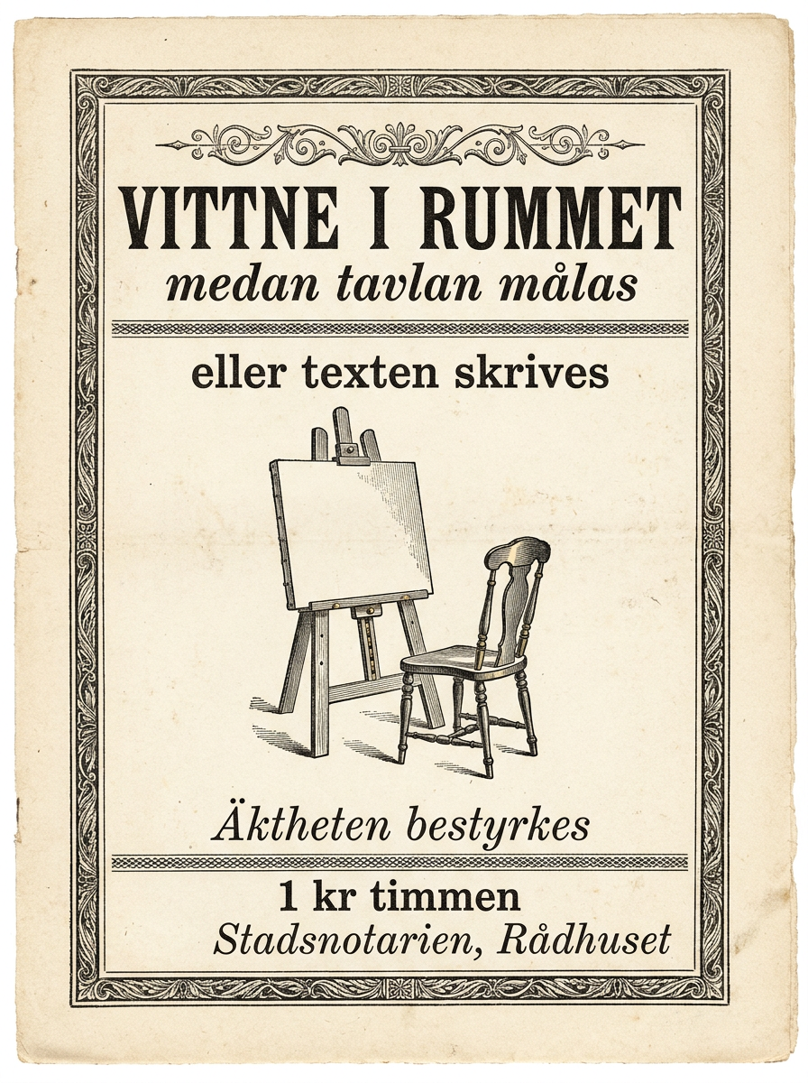 VITTNE I RUMMET / medan tavlan målas / eller texten skrives / Äktheten bestyrkes / 1 kr timmen / Stadsnotarien, Rådhuset